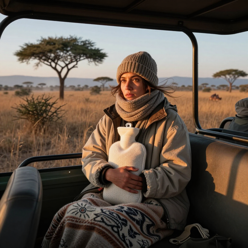 Person in a safari jeep wrapped in a blanket at sunset in the savanna, holding a hot water bottle.
