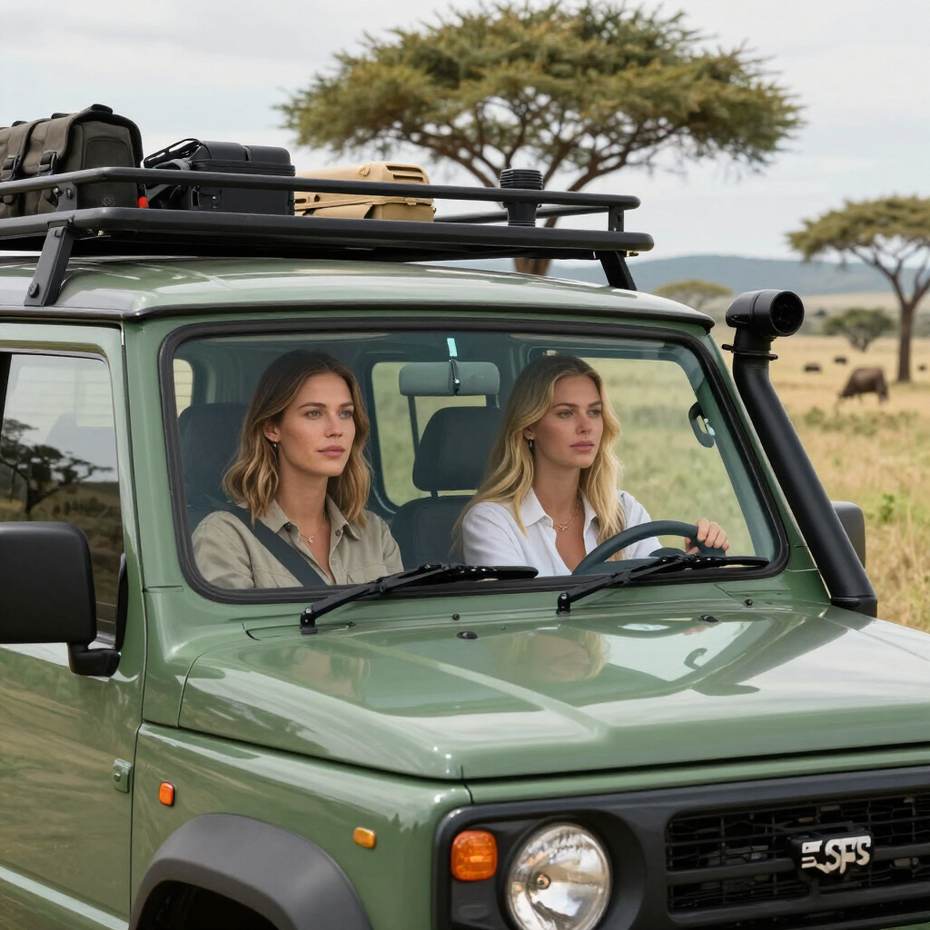 Two women sit in a green safari jeep in an open savanna with acacia trees and wildlife nearby.