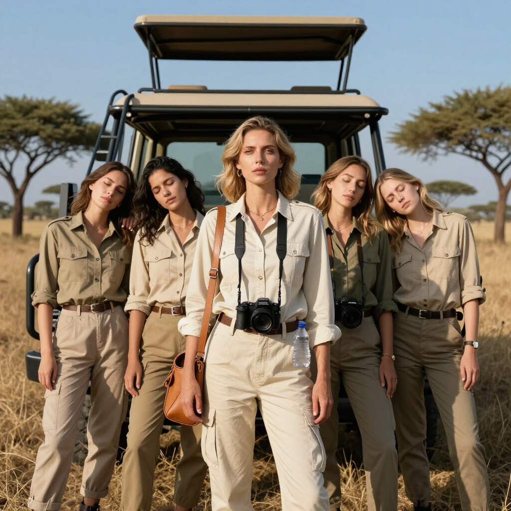 Five safari guides in khaki stand before a safari vehicle in a savanna landscape.