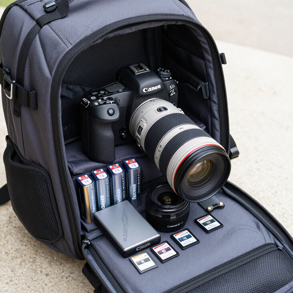 Open camera backpack with DSLR, large lens, batteries, memory cards, and accessories neatly stored inside