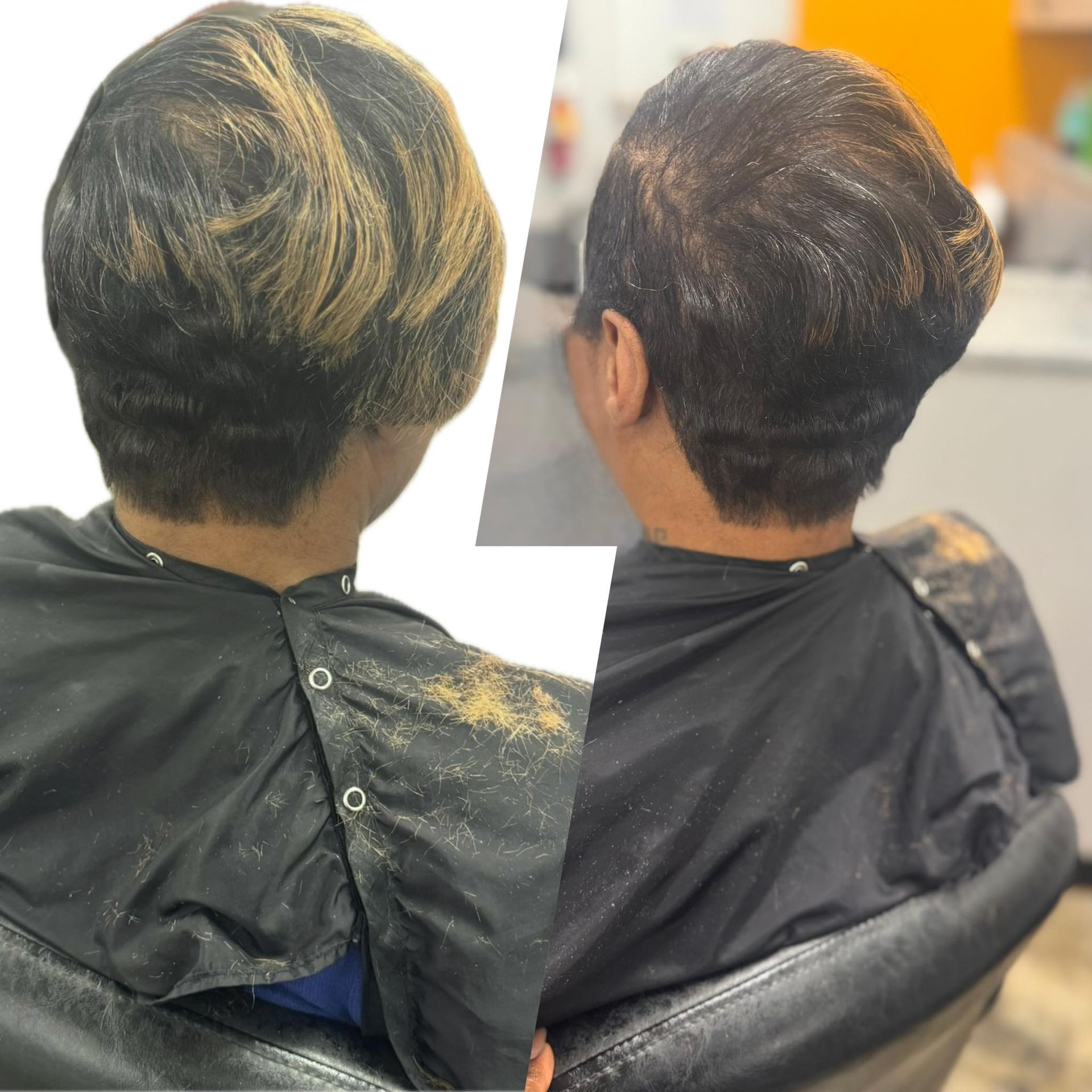 Side-by-side rear views of a short haircut showing a golden-highlighted style change in a salon chair