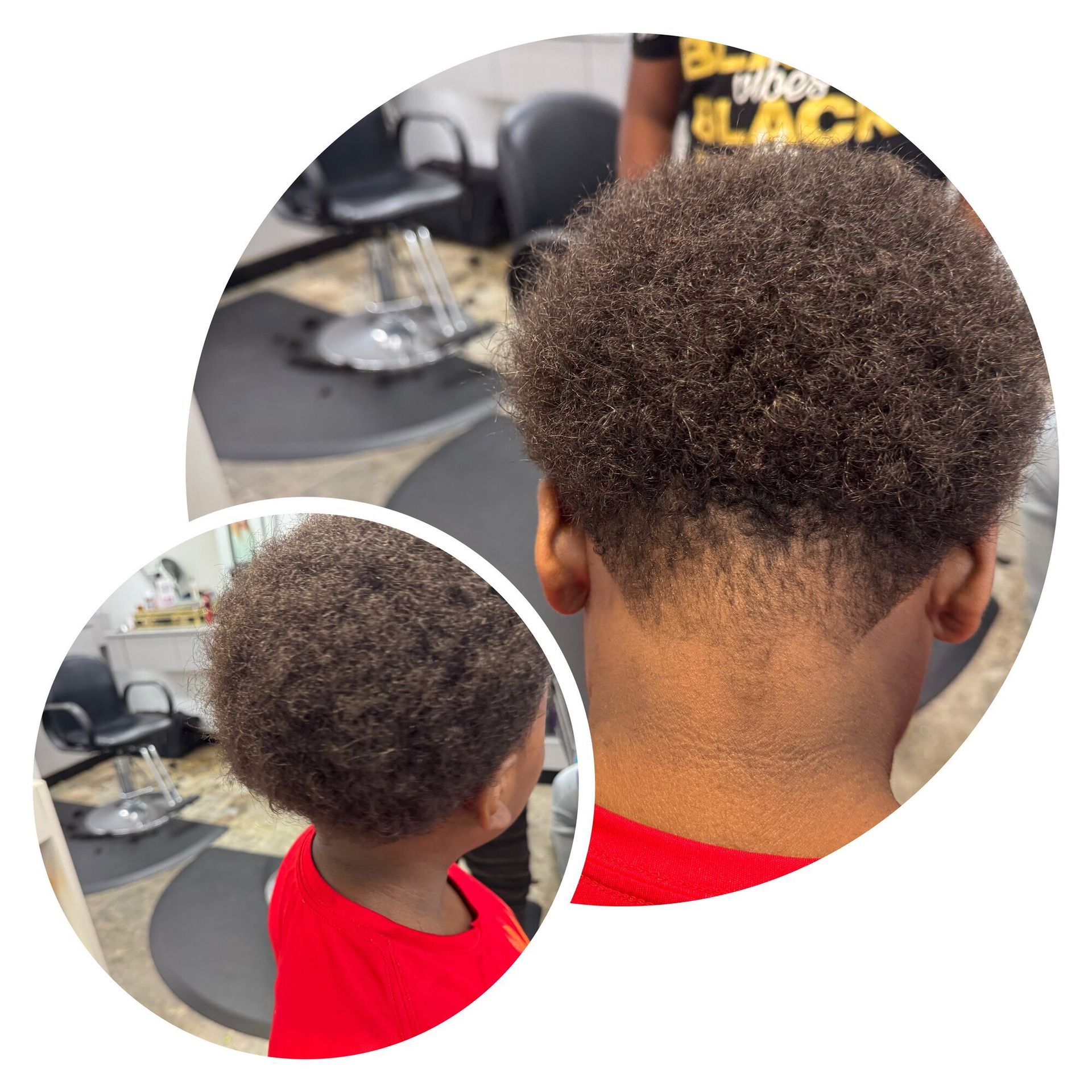 Two views of a short curly haircut in a barbershop, showing the back and side on a child in a red shirt