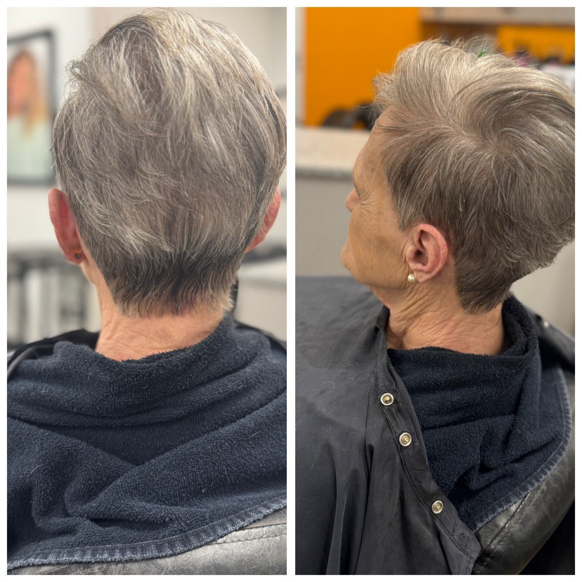 Two side-by-side views of short gray hair from behind and the side in a salon chair.