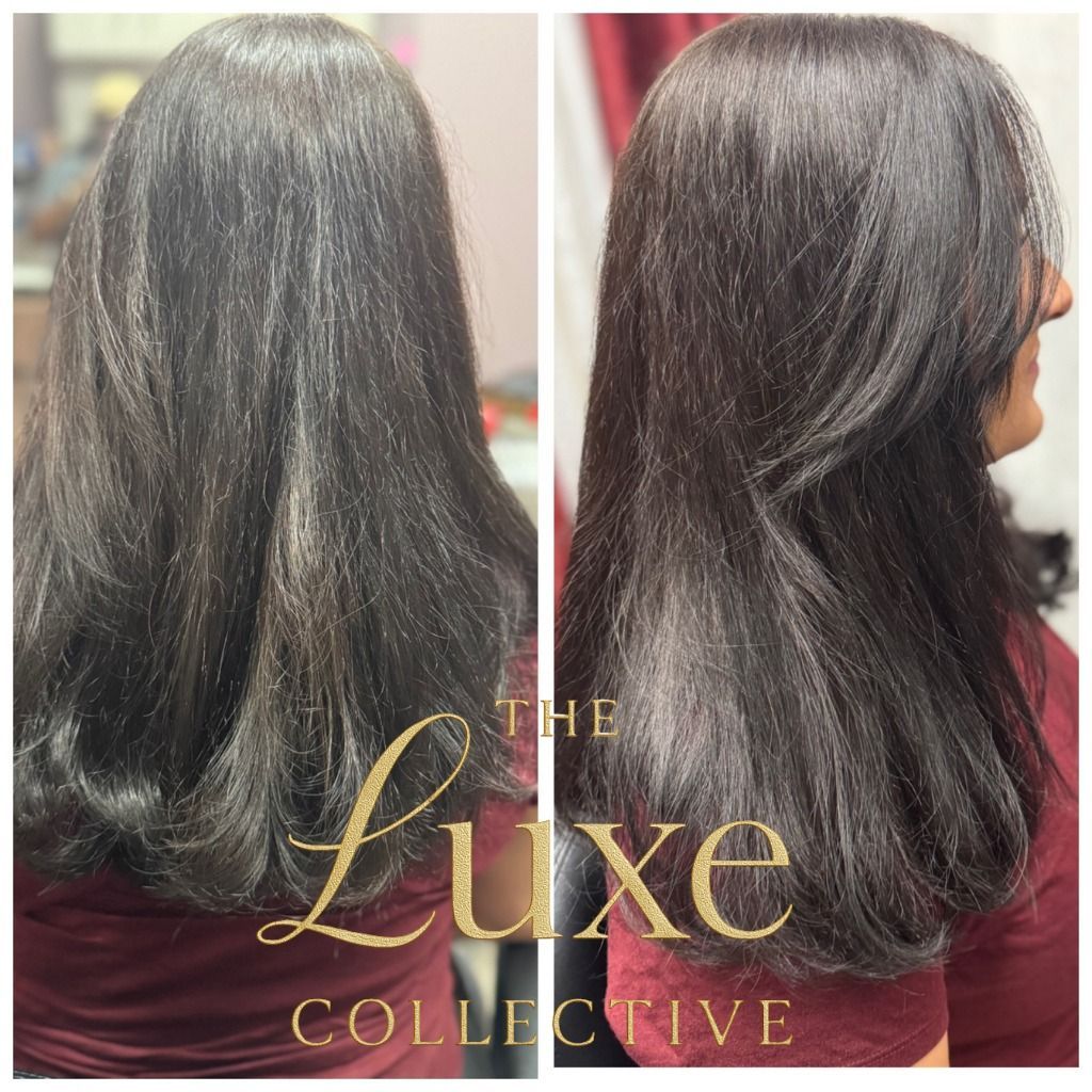Before-and-after of long dark hair with soft layers and shine, branded “The Luxe Collective.”