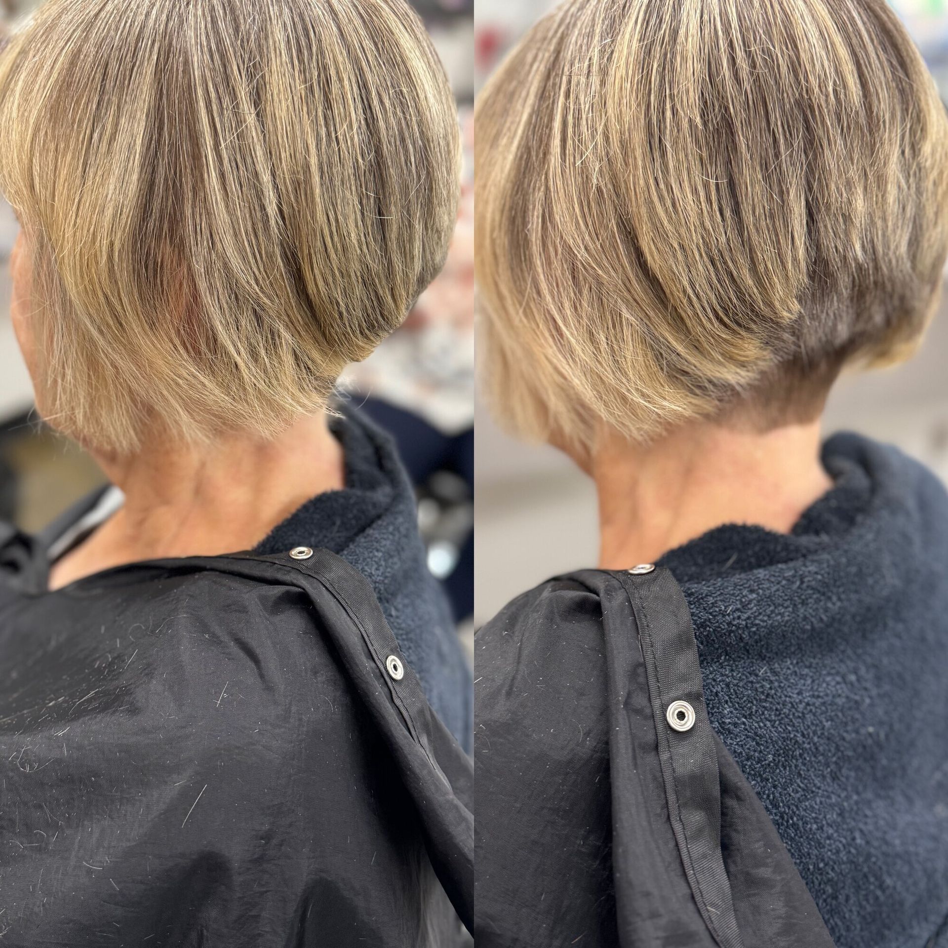 Back view of a short blonde layered bob haircut with dark roots, shown in two angles