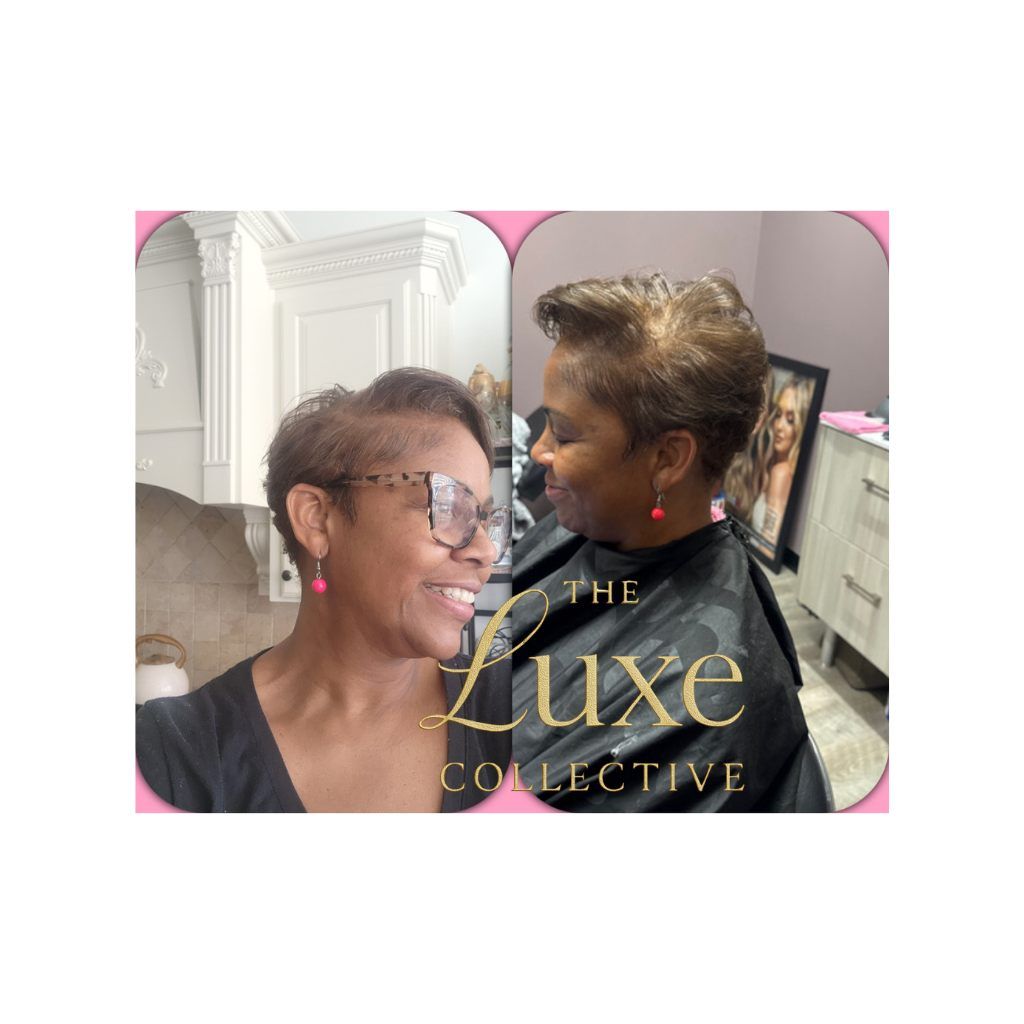 Two women smiling at a salon, with “The Luxe Collective” text overlaid on the image