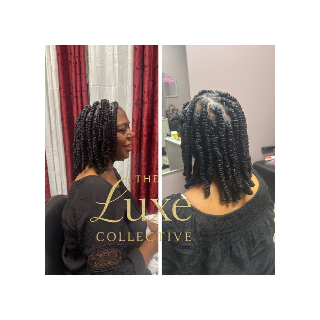 Side-by-side salon photos of a shoulder-length curly twist hairstyle from front and back.
