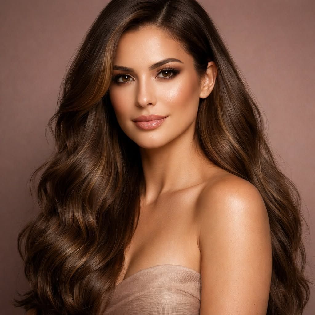 Portrait of a woman with long wavy brown hair on a soft beige background, wearing a strapless top