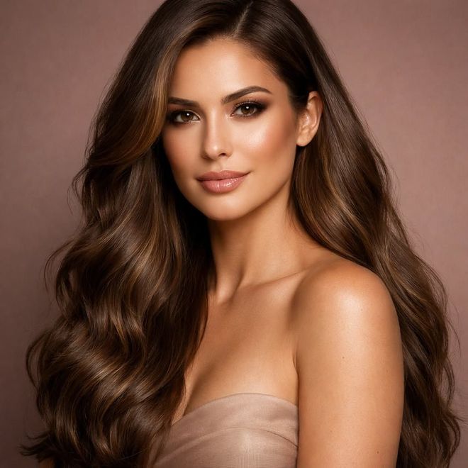 Portrait of a woman with long wavy brown hair, wearing a strapless beige top, against a soft pink background