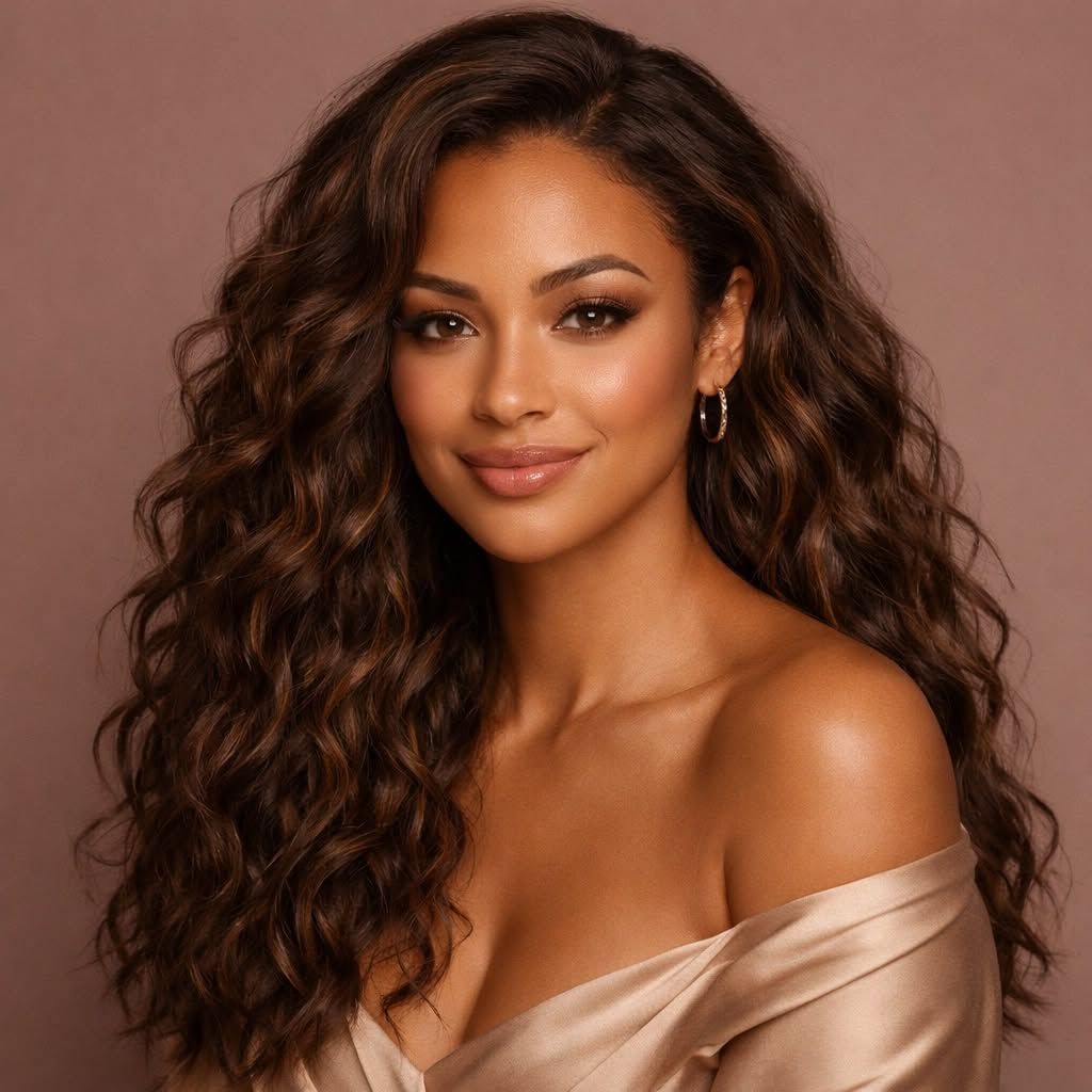 Portrait of a woman with wavy dark hair in an off-shoulder beige top against a soft brown background