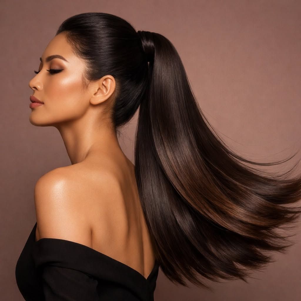 Profile of a woman with a sleek high ponytail and flowing hair on a plain brown background