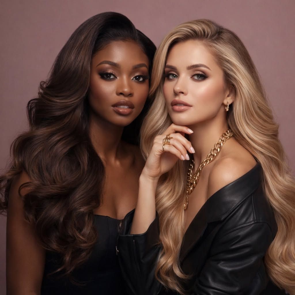 Two women posing in black outfits against a soft pink backdrop