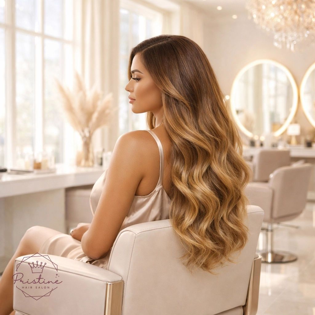 Woman with long wavy hair sitting in a beige salon chair in a bright, modern hair salon