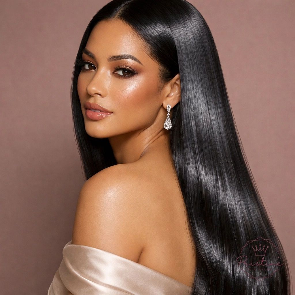 Portrait of a woman with sleek black hair in a satin off-shoulder dress, posing against a soft pink background