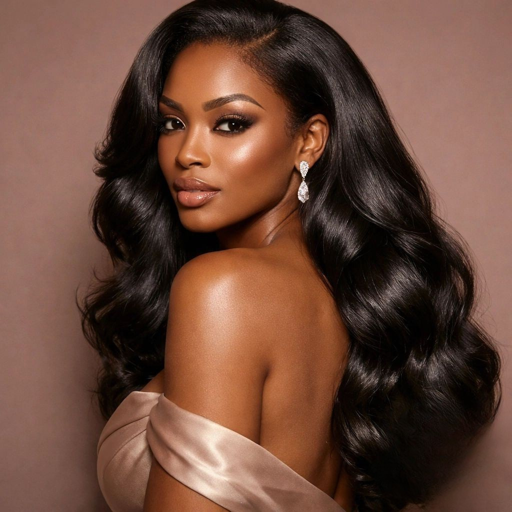 Portrait of a woman with long wavy black hair in a satin off-shoulder dress against a blush background
