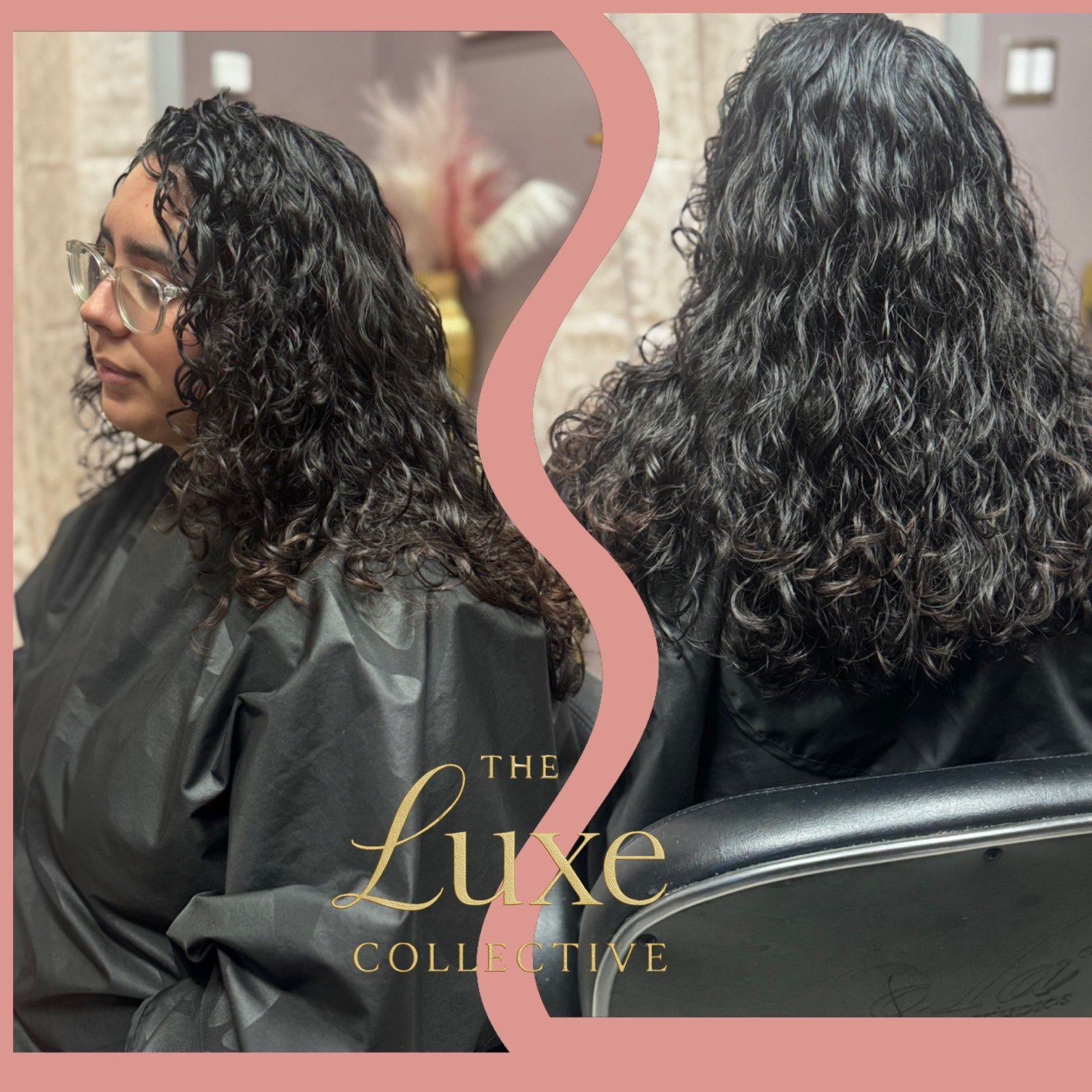 Salon before-and-after of a curly haircut, side and back views with defined, shorter curls