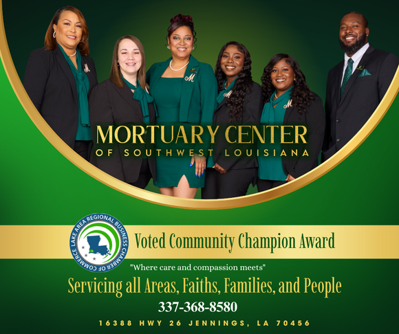 A professional staff team from Mortuary Center of Southwest Louisiana, with contact information and award text.