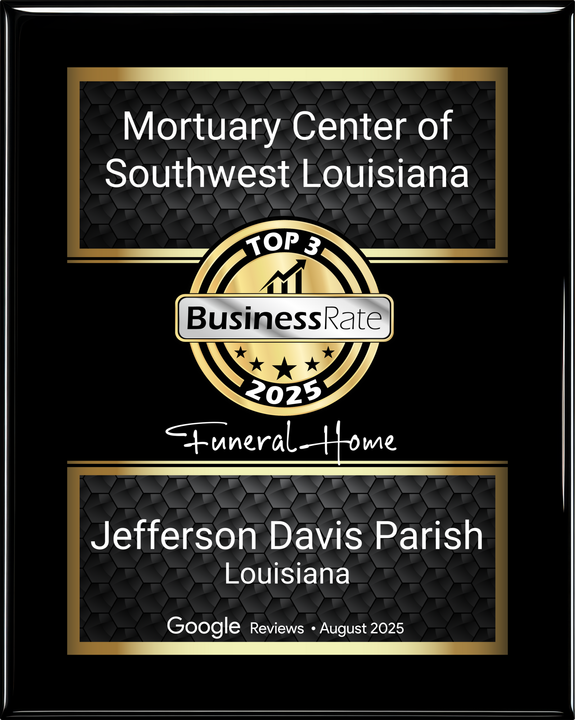 A black plaque honoring Mortuary Center of Southwest Louisiana as a 2025 top 3 funeral home in Jefferson Davis Parish.