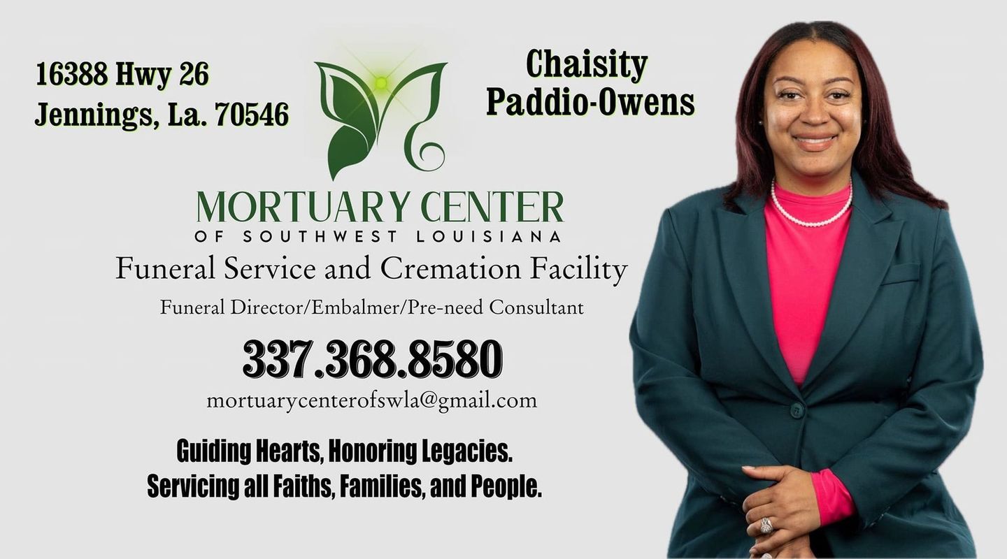 Business card for Mortuary Center of Southwest Louisiana, featuring contact info and a professional portrait.