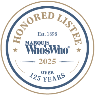 Marquis Who's Who 2025 Honored Listee badge in blue and gold circular text design.