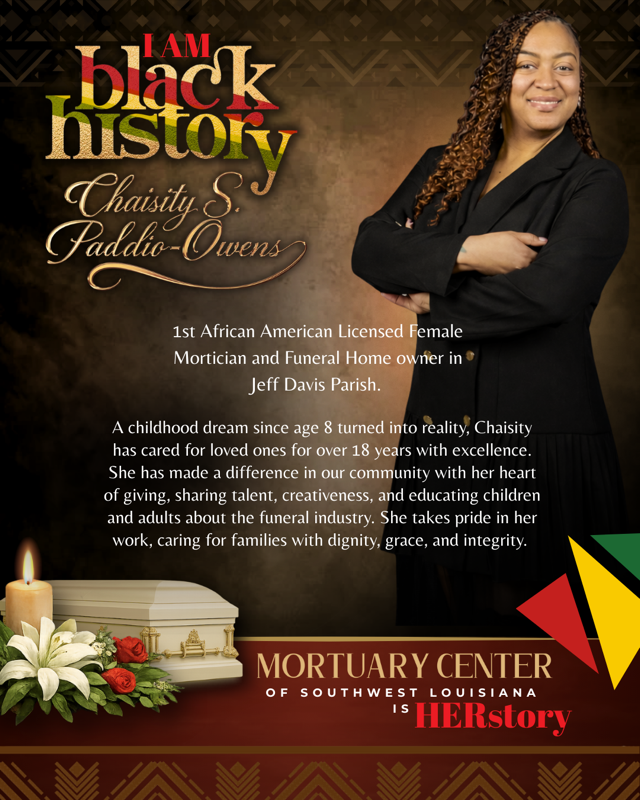 A tribute poster for Chaisity S. Paddio-Owens, a mortician and funeral home owner, featuring her photo and a candle.