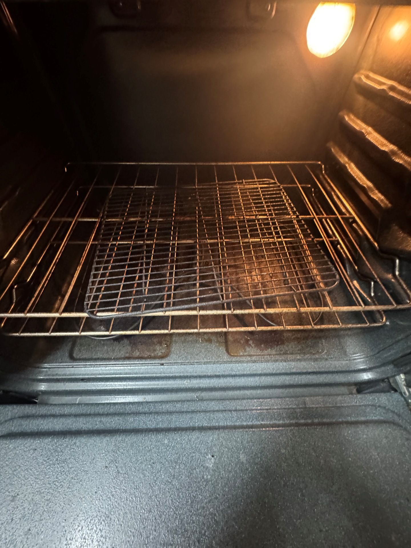 Inside of an empty oven with a rack; lit by the oven light.