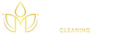Gold logo of a floral design with the letter "M" inside, and the word "CLEANING" in small letters to the right.