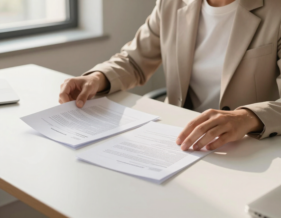 Hands sorting papers on a white desk in a bright office setting