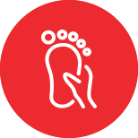 A white footprint in a red circle on a white background.