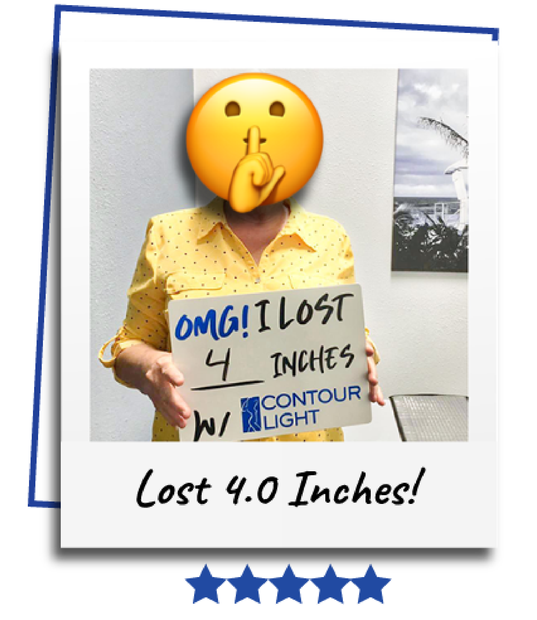 A woman holding a sign that says omg i lost 4 inches