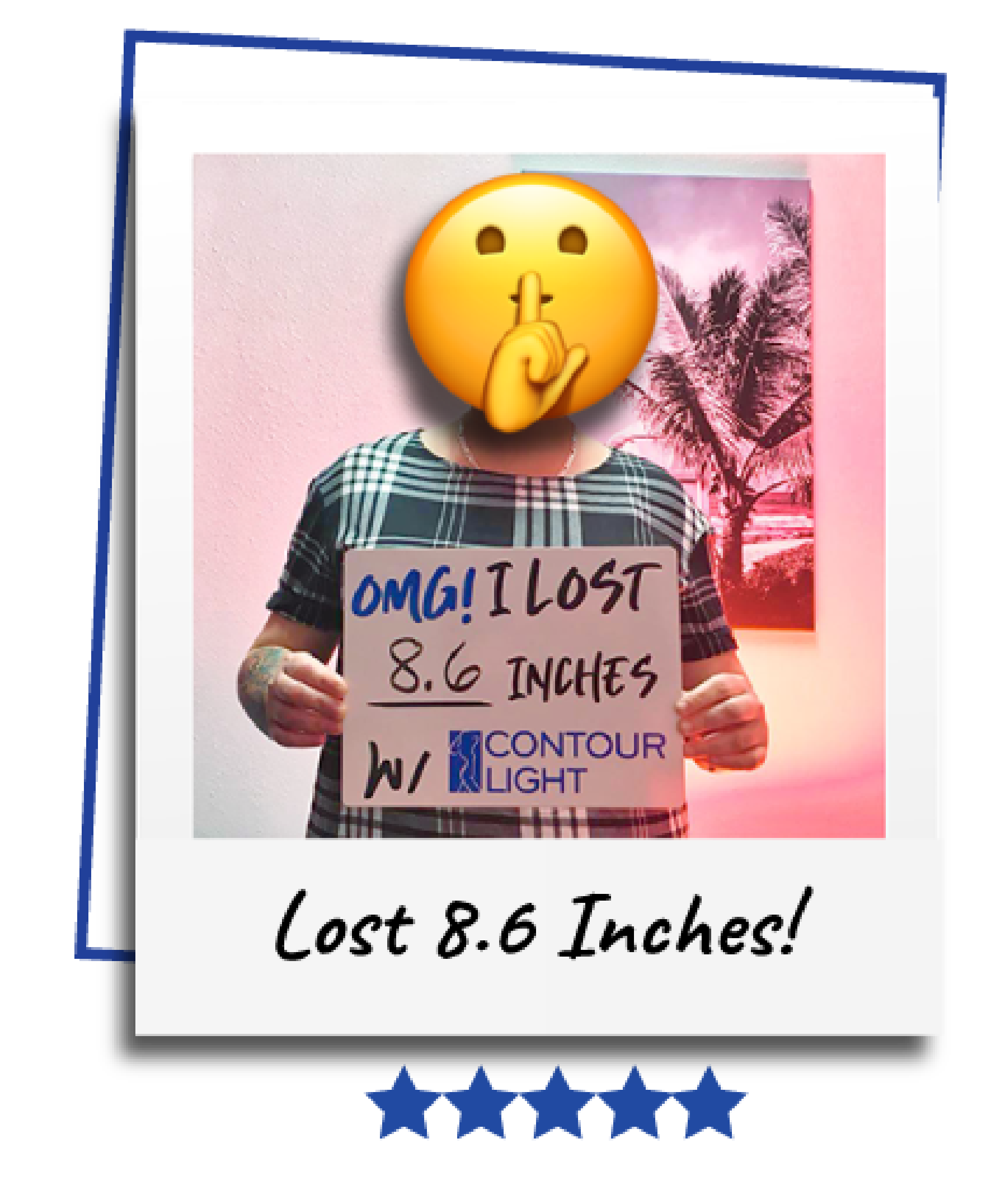 A man holding a sign that says omg i lost 8.6 inches