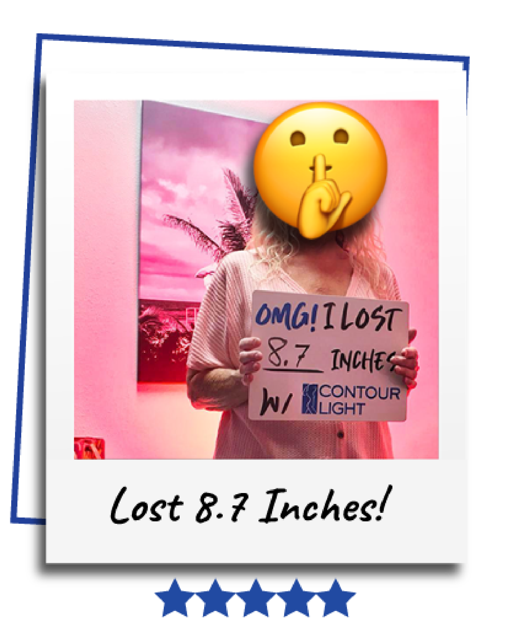 A woman is holding a sign that says lost 8.7 inches