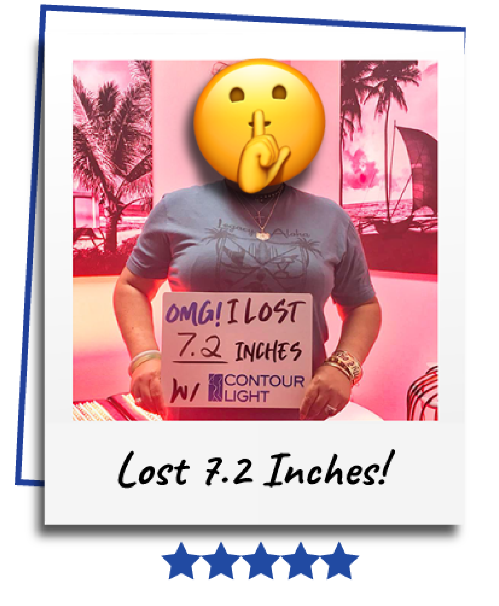 A woman holding a sign that says omg i lost 7.2 inches
