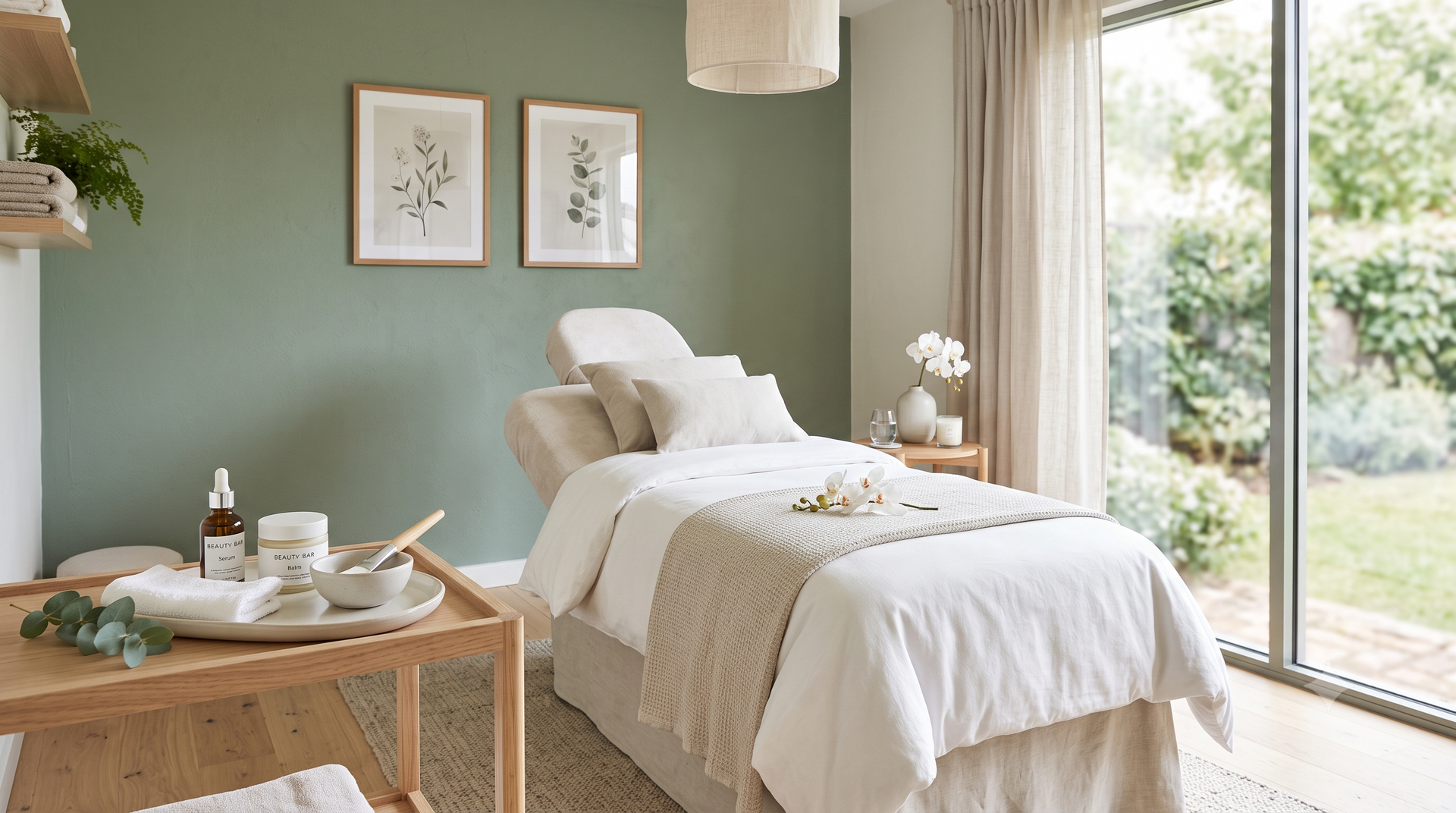 A face mask is surrounded by a variety of cosmetics and plants.