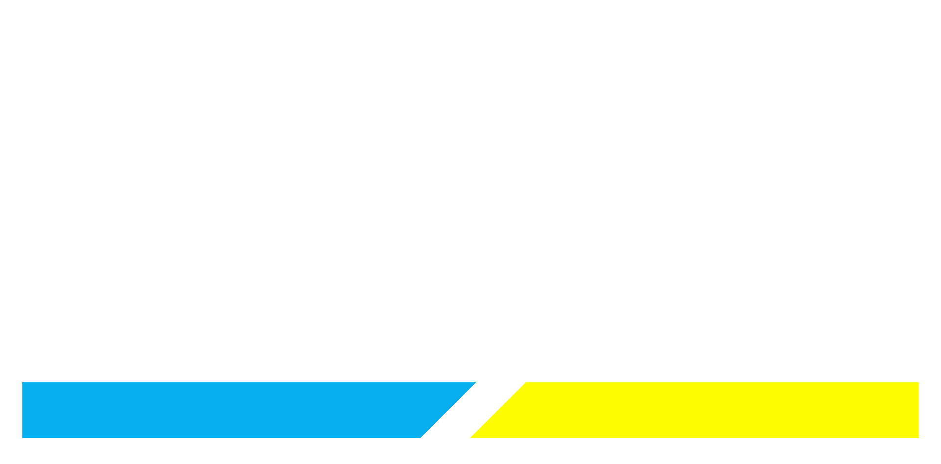 Blue and yellow angled banner shapes on a white background