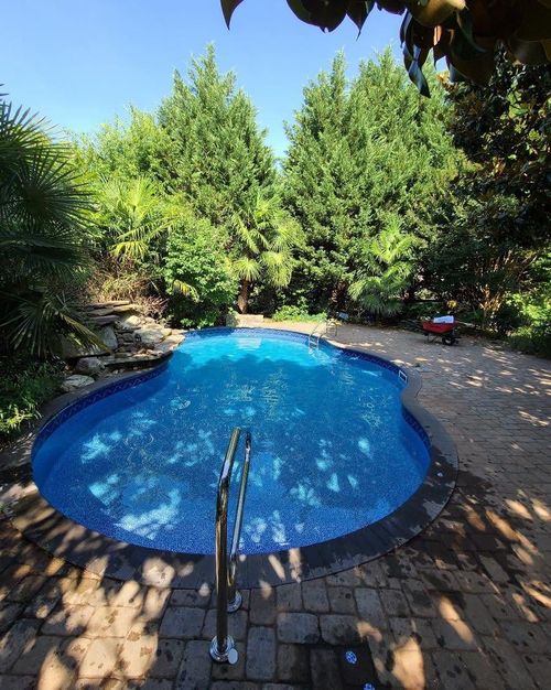 A blue-tiled swimming pool surrounded by greenery and brick patio.