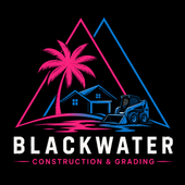 Logo for Blackwater Construction & Grading: a house and palm tree silhouetted against a pink and blue sunset.