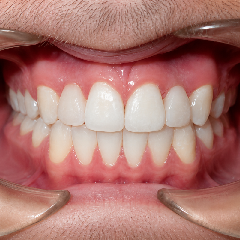 Close-up of open mouth showing teeth and gums, with fingers pulling lips back.