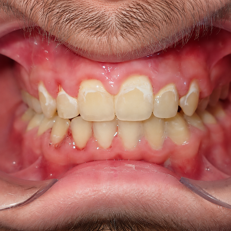 Close-up of open mouth showing teeth and gums, with fingers pulling lips back.