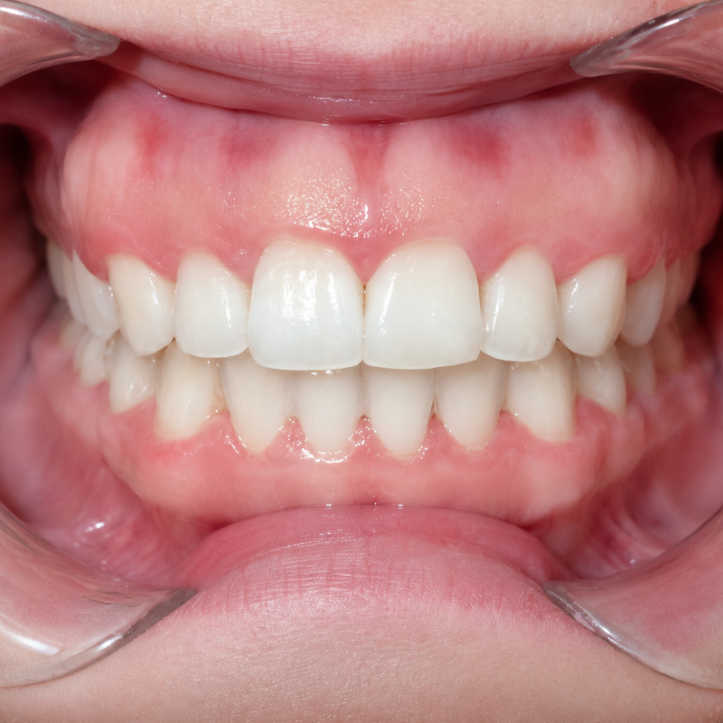 Close-up of teeth with dental retractors, showing aligned white upper and lower teeth and pink gums