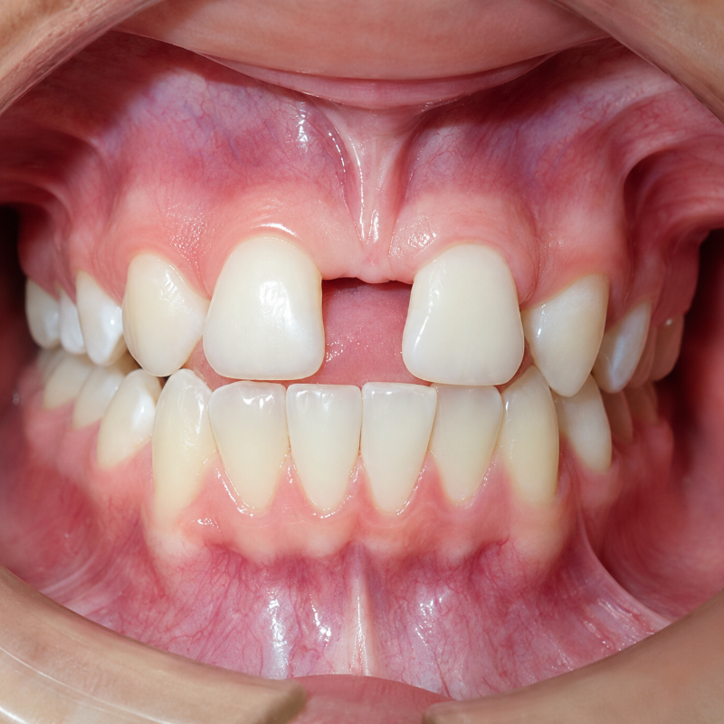 Close-up of a mouth with upper front teeth missing, showing gums and lower teeth.