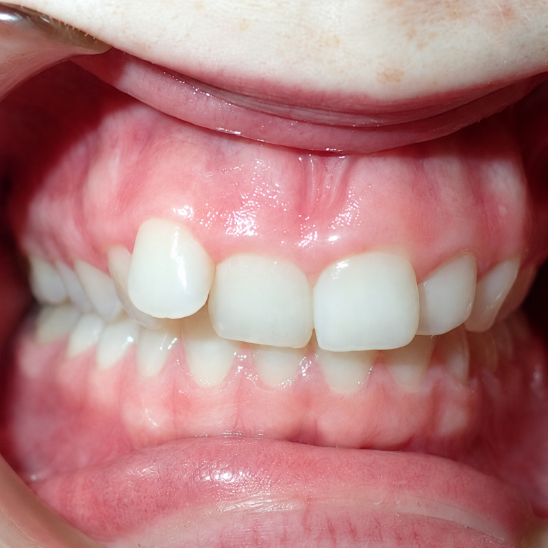 Close-up of a mouth with front teeth showing a gap between the upper incisors