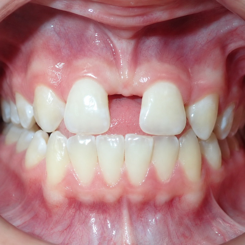 Close-up of a mouth with front teeth showing a gap between the upper incisors
