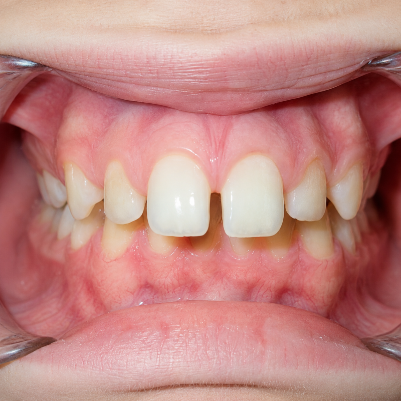 Close-up of a mouth showing teeth and gums with a noticeable gap in the upper front teeth