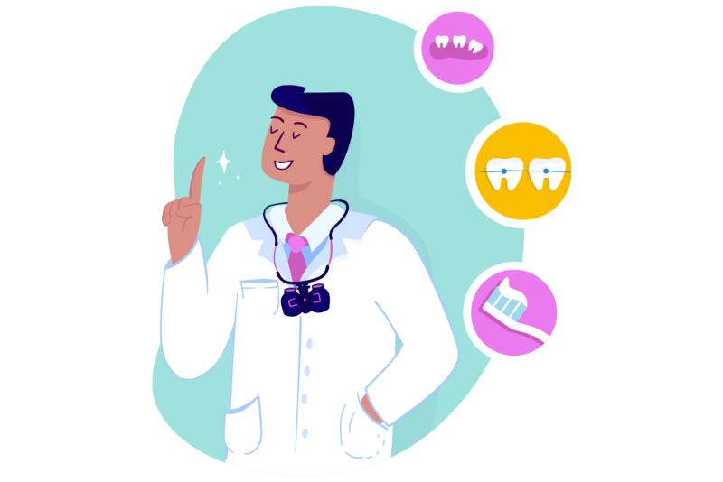 Dentist illustration with speech bubbles showing teeth and a toothbrush, pointing upward on a mint background