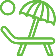 A green icon of a beach chair with an umbrella.