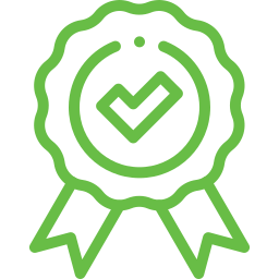 A green ribbon with a check mark inside of it.