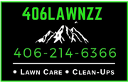 Business card for 406LAWNZZ, featuring a mountain graphic, phone number 406-214-6366, and text: Lawn Care • Clean-Ups.