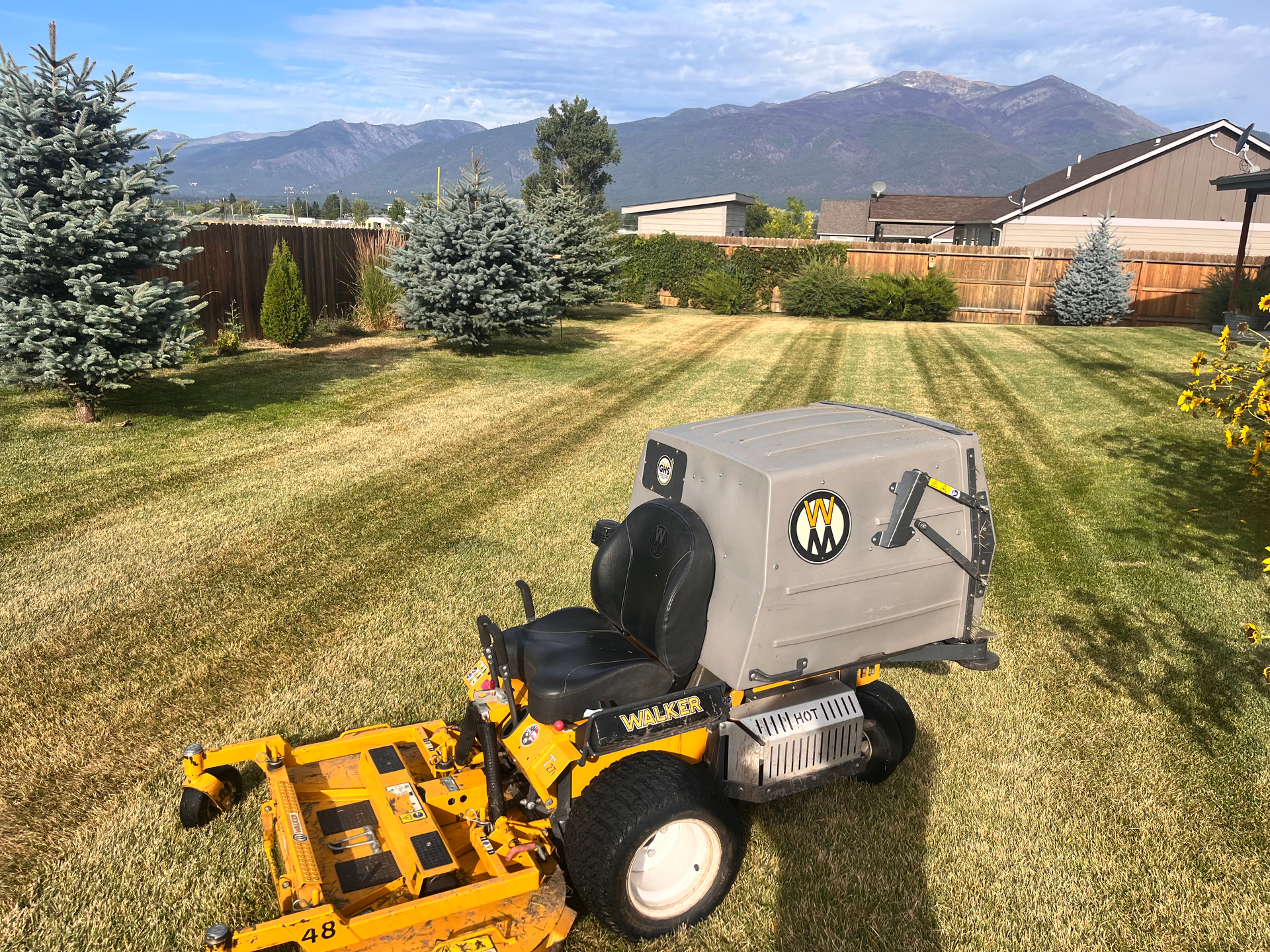A yellow Walker zero-turn mower with a grass catcher sits on a mowed lawn with trees and mountains in the background.