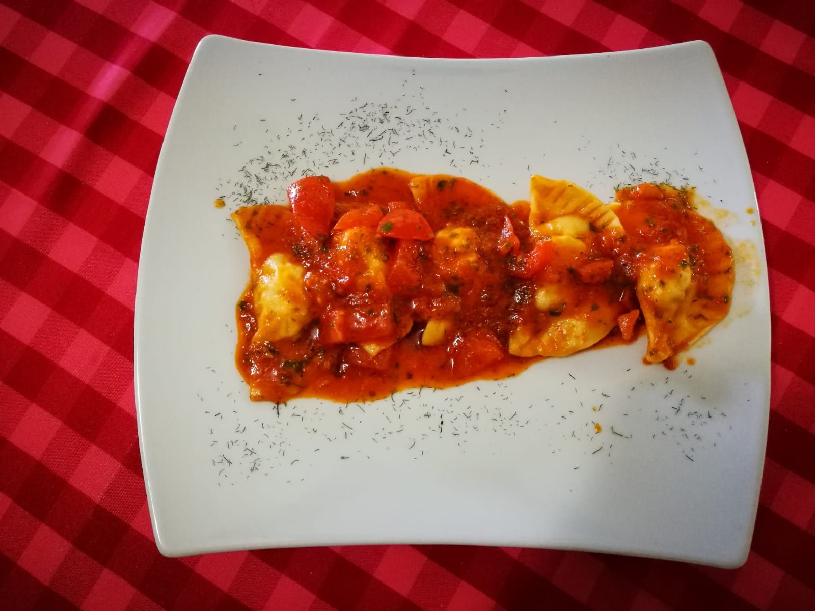Piatto bianco con pasta al sugo rosso, cosparsa di erbe aromatiche, su tovaglia a quadri rossi.